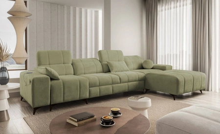 Ecksofa mit Schlaffunktion Penejos XII oliv rechts stilvolles Ecksofa mit Bettzeugcontainern komfortable verstellbare Kopfstützen