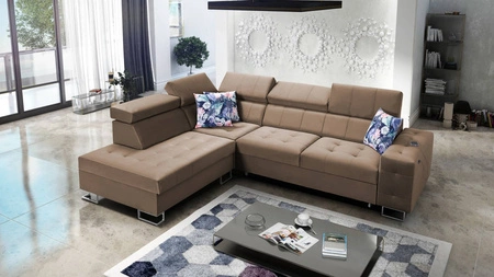 Ecksofa mit Schlaffunktion Hampton VII hellbraunes linkes Ecksofa für Zimmer aus Samtstoff mit glatter Oberfläche
