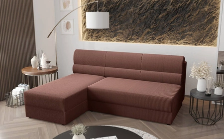 Ecksofa mit Schlaffunktion Fogu Indisches rosafarbenes Ecksofa für die linke Seite mit einfachem Design, bezogen mit einem Bettcontainer aus Kordstoff