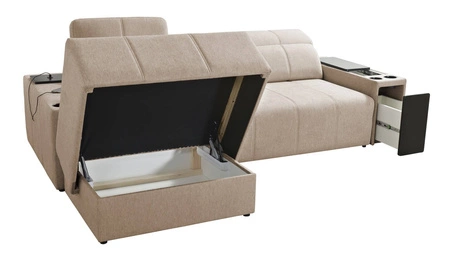 Ecksofa mit Schlaffunktion Tesalia grau Esche links modernes Design komfortable Schiebelehne Schublade in der Seite des Möbels