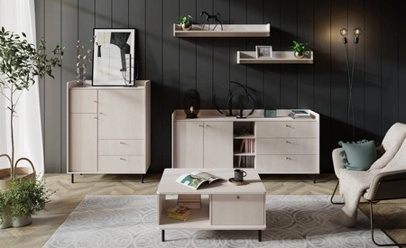 Ferdi-Möbel-Set beige sand minimalistisches Design Wandschränke für Wohnzimmer Gold Griffe Karkassen überhängende die Linie der Tischplatten
