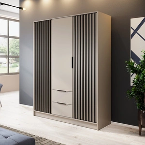 Kleiderschrank Aspen 155 cm Beige / Schwarze Lamellen modernes Design Schranktüren mit dekorativen Lamellen