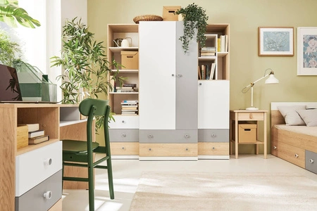 Kleiderschrank Pixel 80 cm Biskuit Eiche / weiß / grau ideal für das Jugendzimmer funktionaler Kleiderschrank mit Schubladen