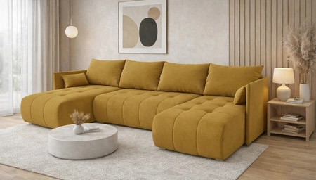 Ecksofa mit Schlaffunktion Selva U Senfgelb interessantes Ecksofa aus bequemem Plüschstoff