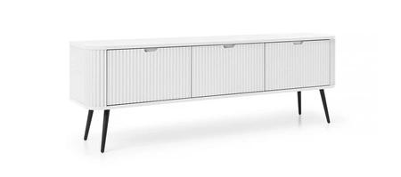 RTV Schrank Zoya 168 cm weiß modernes Design Körper auf Metallbeinen geriffelte Front charakteristische ovale Form gesetzt