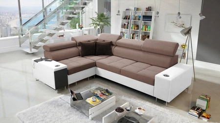 Ecksofa mit Schlaffunktion Dafni II hellbraun/weiß links Schlafsofa mit Bettzeugschublade in der Seite des Möbels