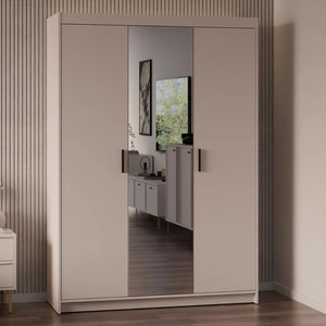 Kleiderschrank mit Spiegel Rene 133 cm sandbeige Geräumiger Kleiderschrank für das Schlafzimmer, der durch natürliche Farben hervorgehoben wird Stilvolle schwarze Griffe