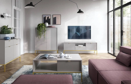 Kommode mit Schubladen Lovro 104 cm grau modernes Design wird Liebhaber von ausdrucksstarken Innenräumen Kommode mit Gold-Accessoires bereichert begeistern