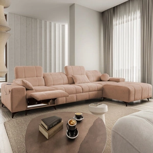 Ecksofa mit Schlaffunktion Penejos XII Lux lachsfarbe rechts stilvolles Ecksofa mit bequemer ausziehbarer Fußstütze