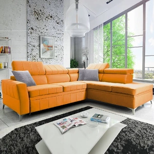 Ecksofa mit Schlaffunktion Rava III gelb rechts Samt komfortables Ecksofa mit verstellbaren Kopfstützen und Bettzeugcontainer