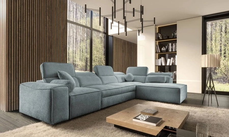 Ecksofa mit Schlaffunktion Viano XI grau blau rechte Ecke trendy und stilvoll mit verstellbaren Kopfstützen Zierkissen