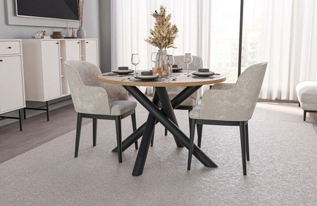 Runder Tisch Lyon 110 cm Eiche artisan / schwarzer Designer-Esstisch auf Metallspinnenbeinen höhenverstellbar