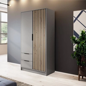 Kleiderschrank Aspen 105 cm Grau / Eiche Artisan Lamellen modernes Design Schranktüren mit dekorativen Lamellen