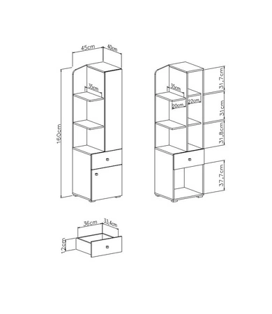 Niedriges Bücherregal Dzeta 45 cm Eiche / anthrazit ideal für das Jugendzimmer sehr geräumiges Bücherregal mit Schublade außergewöhnliches Design