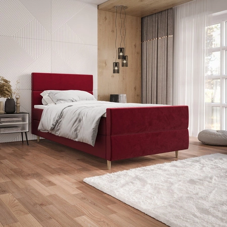 Boxspringbett Benet 100x200 dunkelrot im modernen skandinavischen Stil mit gepolstertem Kopf- und Fußteil, Bett mit Staukasten