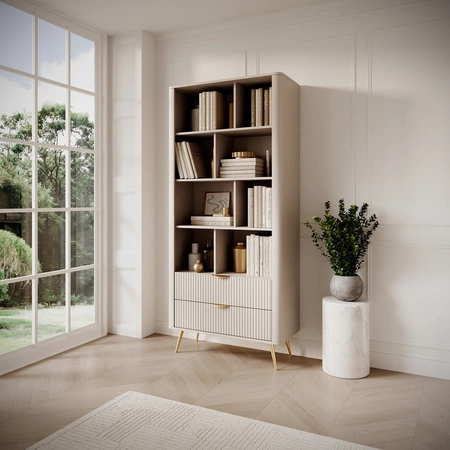 Lante Bücherregal 88 cm beige elegantes Bücherregal mit Schubladen Designer-Riffelungen an den Fronten Metallgriffe mit Goldrand