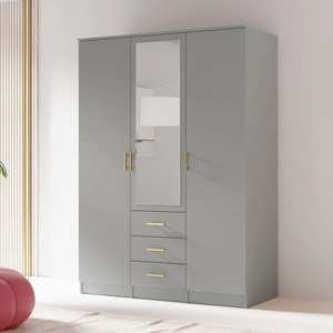 Kleiderschrank Adel 150 cm grau elegantes Design klassische Form der Garderobe mit Spiegel für Schlafzimmer oder Kleiderschrank geräumige Schubladen goldene Griffe