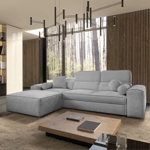 Ecksofa mit Schlaffunktion Viano hellgrau linke Seite stilvolles Ecksofa mit einer interessanten Form verstellbare Kopfstützen dekorative Kissen