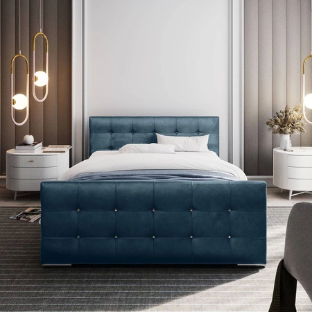 Polsterbett Alford 140x200 türkis mit Staukasten im modernen skandinavischen Stil mit gestepptem Kopf- und Fußteil mit Kristallen besetzt