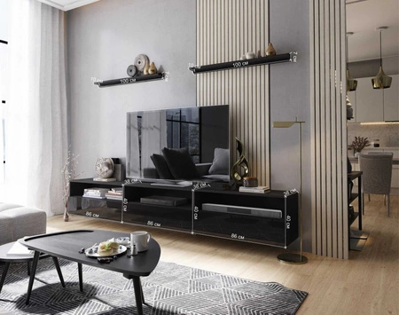 Kaires 258 cm schwarz / schwarz glänzend wandmontierter RTV-Schrank mit Einlegeböden elegantes und stilvolles Design, das zu jeder Einrichtung passt