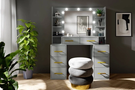 Schminktisch Adel 110 cm grau mit LED-Beleuchtung Schminktisch mit Spiegel im Glamour-Stil geräumige Schubladen Metallgriffe