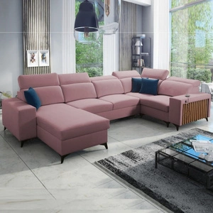 Ecksofa mit Schlaffunktion Kelly IV Indisch rosa links Samt bequemes Ecksofa verstellbare Kopfstützen seitlich mit Lamellen eingefasst