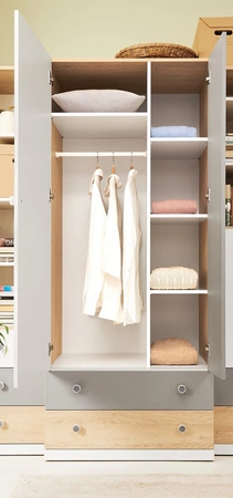 Kleiderschrank Pixel 80 cm Biskuit Eiche / weiß / grau ideal für das Jugendzimmer funktionaler Kleiderschrank mit Schubladen