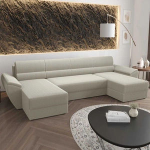 Ecksofa mit Schlaffunktion Fogu U II elfenbeinfarben bequemes Ecksofa mit bequemen Armlehnen interessanter Designcontainer für Bettzeug