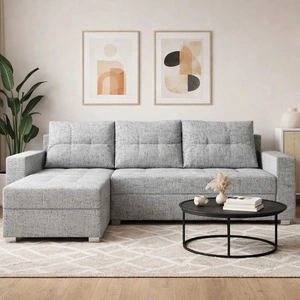 Ecksofa mit Schlaffunktion Pablos grau Esche Universal-Ecksofa mit Bettzeugablage dekorative Steppung auf dem Sitz