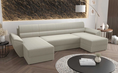 Ecksofa mit Schlaffunktion Fogu U II elfenbeinfarben bequemes Ecksofa mit bequemen Armlehnen interessanter Designcontainer für Bettzeug