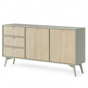 Schubladenkommode Wald 158 cm Eukalyptus / beige Fischgrät Pastellfarben im Boho-Stil geschmackvolles Fischgrätdekor und goldene Griffe