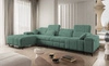 Ecksofa mit Schlaffunktion Penejos XII grün linke Seite stilvolles Ecksofa mit Bettzeugcontainern komfortable verstellbare Kopfstützen