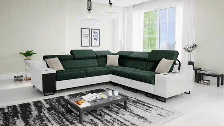 Ecksofa mit Schlaffunktion Alcamo III grün / weiß rechts Funktions-Ecksofa mit Schublade in der Seite zwei Behälter für Bettzeug