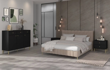 Kioto II Nachttisch schwarz graphit mit Schubladen ideal Schlafzimmer Schrank auf einem Metall Gold Basis subtilen Griffe unterstützt