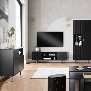 Sula schwarz Wohnzimmer Möbel-Set mit Metallgriffen dekorative geriffelte Fronten Push-to-Open-System bereichert