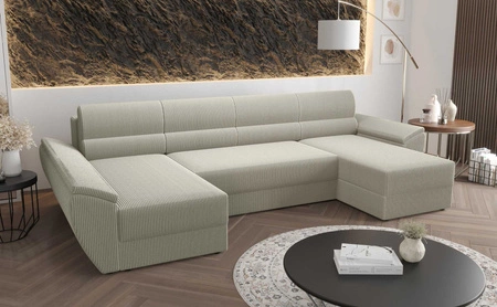 Ecksofa mit Schlaffunktion Fogu U III elfenbeinfarbenes stilvolles Ecksofa mit Armlehnen und Bettzeugablage Cordstoff