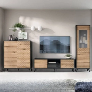 Wohnwände Gusto Schwarz / Eiche Evoke Modernes Design Wandschrank für das Wohnzimmer oder das Tageszimmer mit dekorativem Fichtendekor