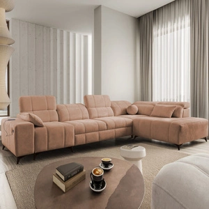 Ecksofa mit Schlaffunktion Penejos XI lachsfarbenes komfortables Ecksofa mit verstellbaren Kopfstützen und zwei Bettkästen