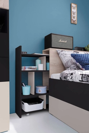 Bett mit Schublade Niko 90x200 cm schwarz / Eiche / beige modernes Bettdesign Ausziehbare Ablagen im Kopfteil