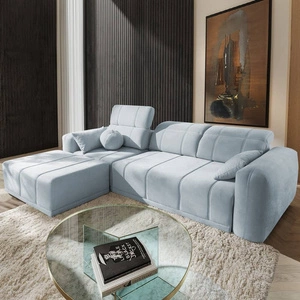 Ecksofa mit Schlaffunktion Cetara blau linke Seite stilvolles Design bequeme, verschiebbare Rückenlehne verstellbare Kopfstützen