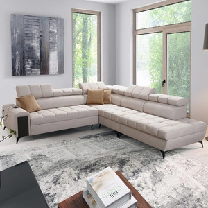 Ecksofa mit Schlaffunktion Bolmso IX beige rechte Seite bequemes Ecksofa für Wohnzimmer mit Schublade Bettzeug Container stilvolles Design