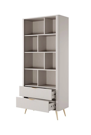 Lante Bücherregal 88 cm beige elegantes Bücherregal mit Schubladen Designer-Riffelungen an den Fronten Metallgriffe mit Goldrand