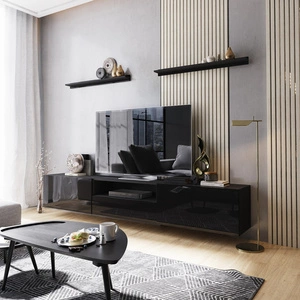 Ekali 258 cm schwarz / schwarz glänzend Wandschrank RTV mit Einlegeböden elegantes und stilvolles Design zu jeder Einrichtung passen