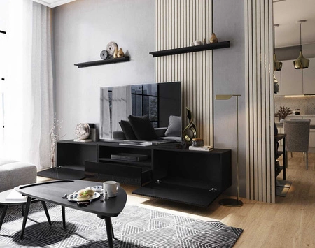 Ekali 258 cm schwarz / schwarz glänzend Wandschrank RTV mit Einlegeböden elegantes und stilvolles Design zu jeder Einrichtung passen