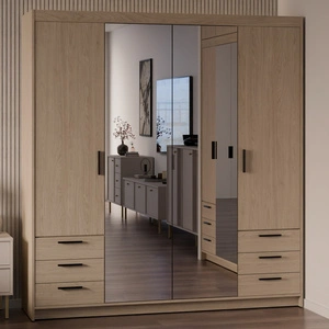 Kleiderschrank Rene 176 cm Eiche geölt stilvolles Design ABS Kante Kleiderschrank mit Spiegel für Schlafzimmer oder Garderobe Zimmer geräumige Schubladen