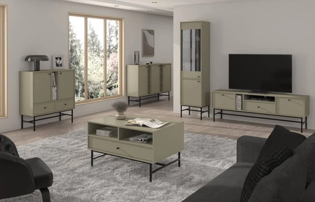 Kommode Kioto III 158 cm Eukalyptus modernes Design subtile Griffe einfache Form mit schwarzem Metallrahmen bereichert