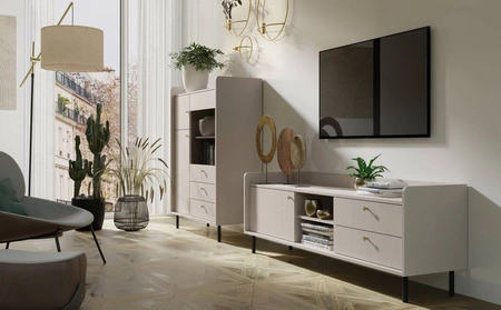 TV Schrank Ferdi 170 cm sandbeige eleganter TV-Schrank in einem modischen Stil Korpus über die Linie der Tischplatte verlängert