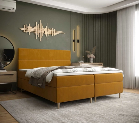 Boxspringbett Bing 140x200 Senfgelb im modernen skandinavischen Stil mit markantem Kopfteil
