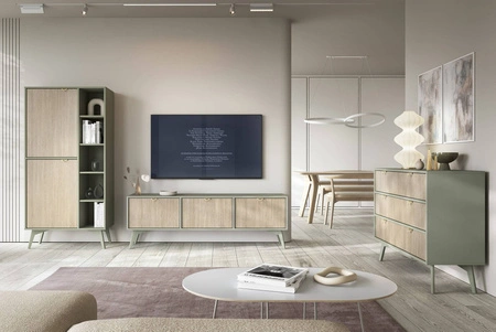 Bücherregal Wald 80 cm Eukalyptus / Beige Fischgrät skandinavisches Design stabil hohe Beine Bücherregal mit Türen für Wohnzimmer geschmackvolles Fischgrätenmuster