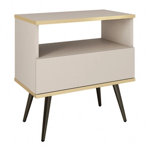 Luxuriöser beigefarbener Nachttisch mit Schublade eleganter Designschrank mit goldener Zierleiste Schrank auf schwarzen Metallbeinen